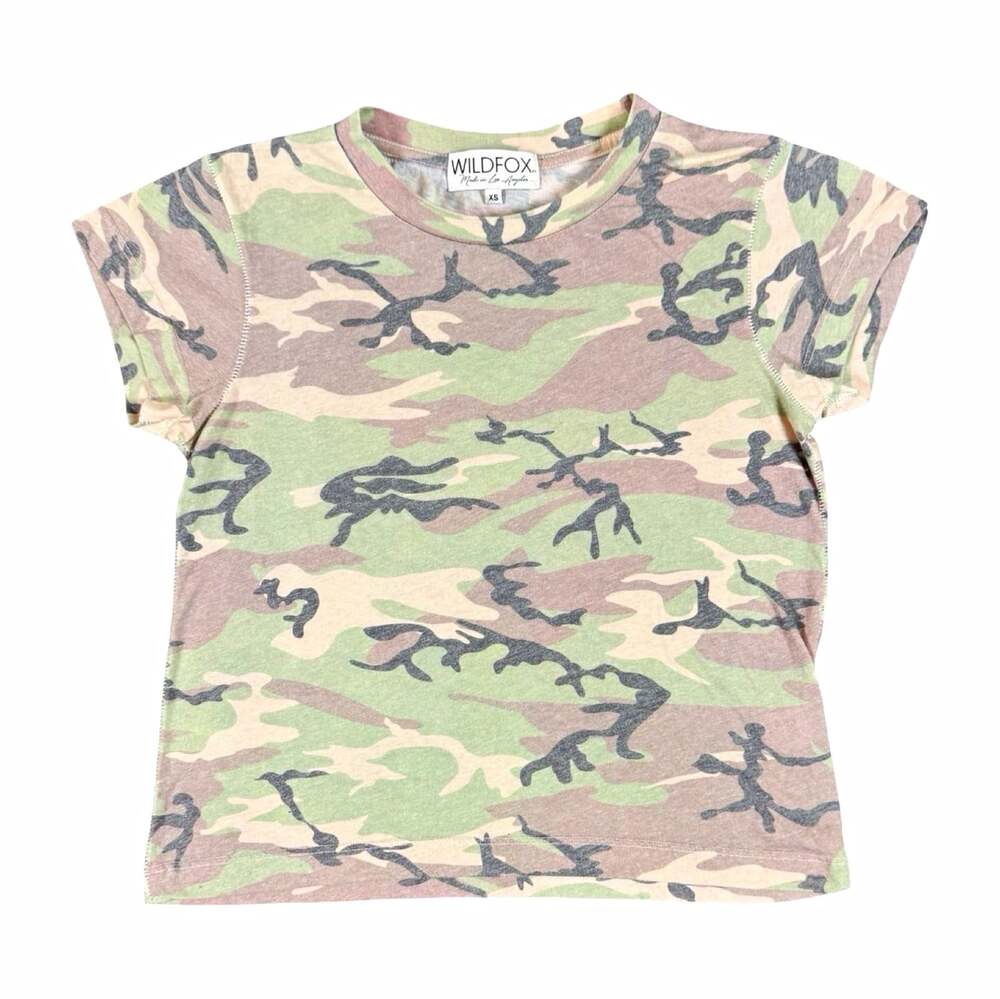 Wildfox Camo Multicolor Jersey T-Shirt 100% Cotton Crew Neck Short Sleeve XS